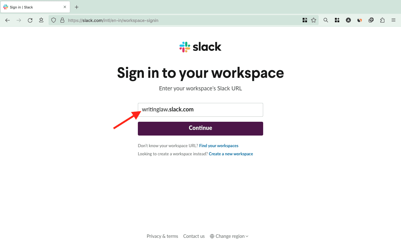 Type workspace in Slack website
